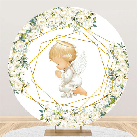 Toile de fond de douche de bébé ronde florale et petits enfants blancs