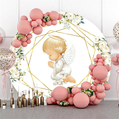 Toile de fond de douche de bébé ronde florale et petits enfants blancs