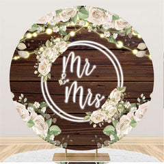 Toile de fond de mariage ronde en bois brun floral blanc Mr To Miss