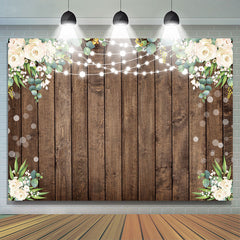 Toile de fond d'anniversaire en bois brun feuille verte florale blanche