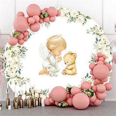 Toile de fond de douche de bébé bébé et ours rond floral blanc