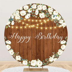 Toile de fond ronde de joyeux anniversaire de lumière de paillettes de fleur blanche