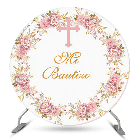 Toile de fond ronde croix florale rose blanc pour le baptême