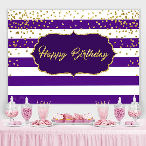 Rayures blanc-violet et toile de fond joyeux anniversaire or