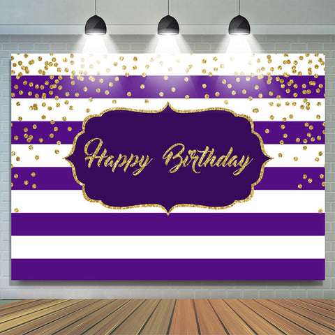 Rayures blanc-violet et toile de fond joyeux anniversaire or