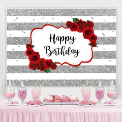 Rayures blanc-argent et toile de fond rose joyeux anniversaire