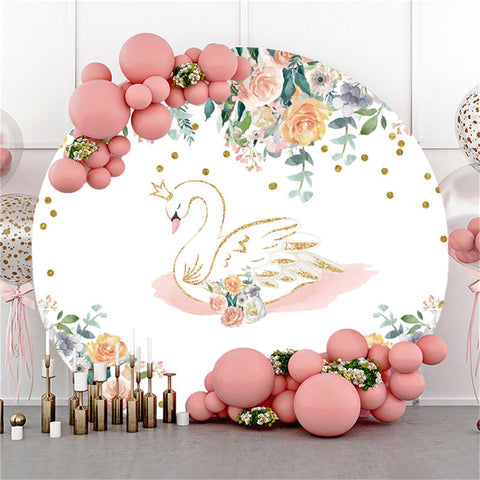 Toile de fond ronde joyeux anniversaire cygne blanc et fleur