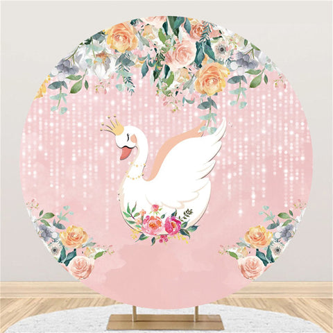 Toile de fond de cercle de joyeux anniversaire de paillettes roses de cygne blanc