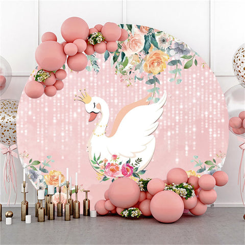 Toile de fond de cercle de joyeux anniversaire de paillettes roses de cygne blanc