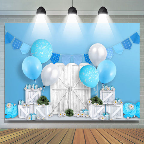 Toile de fond de joyeux anniversaire de ballons bleus en bois blanc