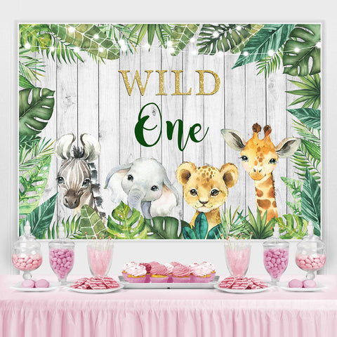 Toile de fond d'anniversaire Wild One Jungle Animals Green Leavs pour enfants