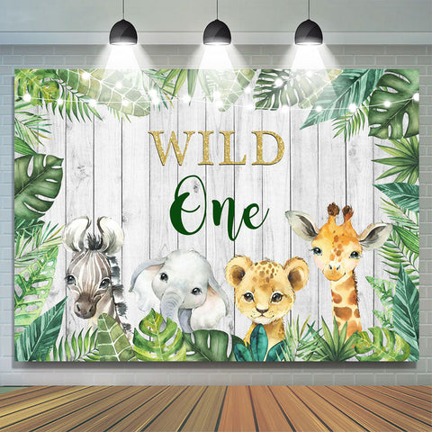 Toile de fond d'anniversaire Wild One Jungle Animals Green Leavs pour enfants