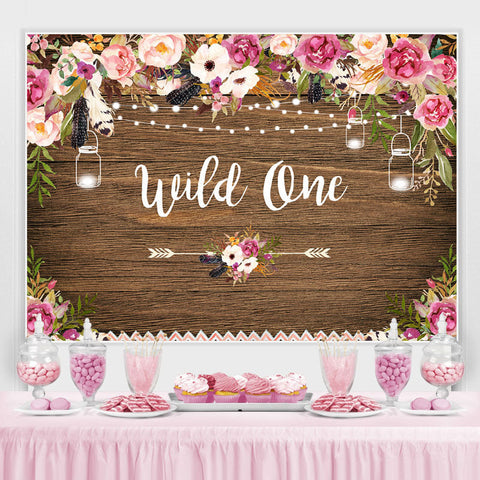 Toile de fond d'anniversaire en bois floral rose et blanc Wild One