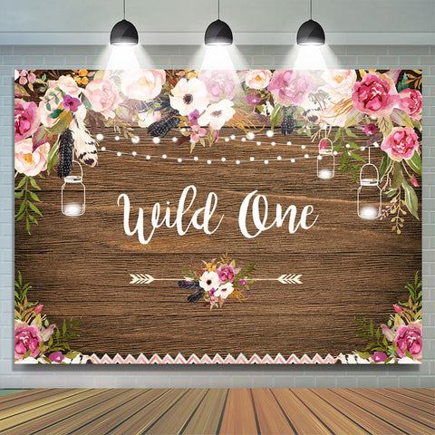 Toile de fond d'anniversaire en bois floral rose et blanc Wild One