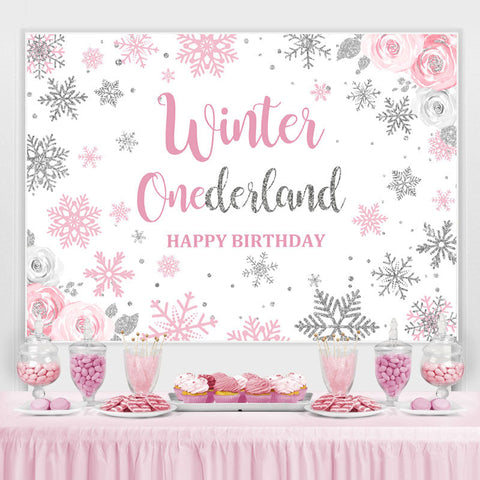 Toile de fond Onederland rose floral d'hiver pour la fête d'anniversaire