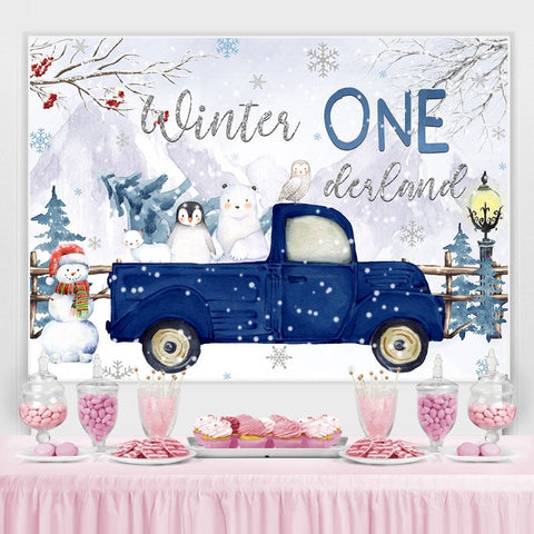 Camion bleu d'hiver Onederland avec toile de fond d'animaux