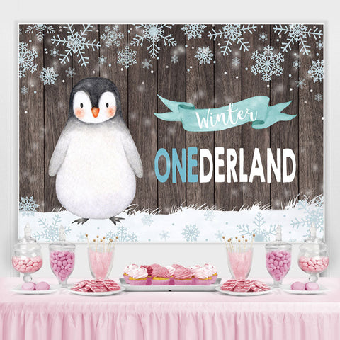 Toile de fond en bois de flocon de neige de pingouin d'Onederland d'hiver pour l'anniversaire