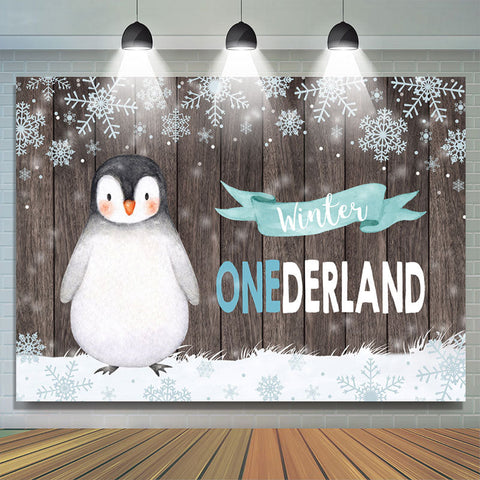 Toile de fond en bois de flocon de neige de pingouin d'Onederland d'hiver pour l'anniversaire