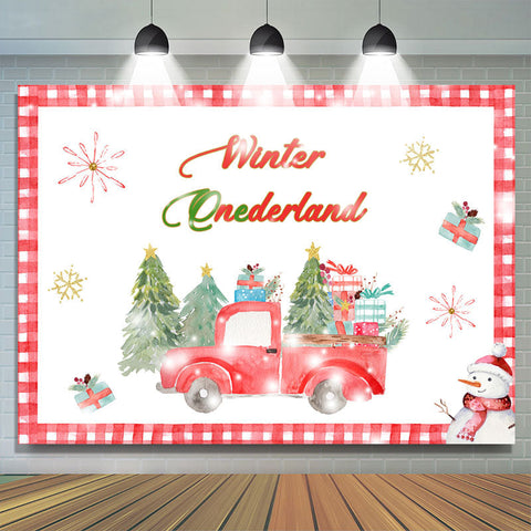 Toile de fond d'anniversaire de bonhomme de neige de camion rouge d'hiver Onederland