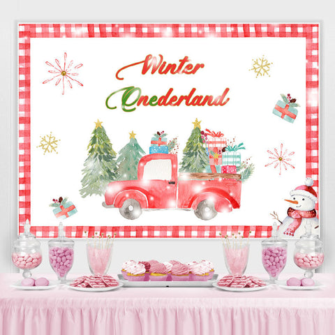 Toile de fond d'anniversaire de bonhomme de neige de camion rouge d'hiver Onederland