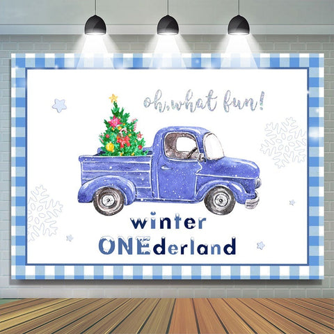 Toile de fond de voiture bleue de flocon de neige d'hiver Onederland pour la douche de bébé