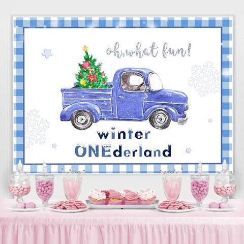 Toile de fond de voiture bleue de flocon de neige d'hiver Onederland pour la douche de bébé