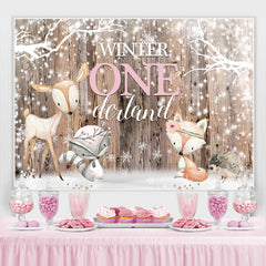 Toile de fond d'anniversaire de flocons de neige et d'animaux d'hiver Onederland