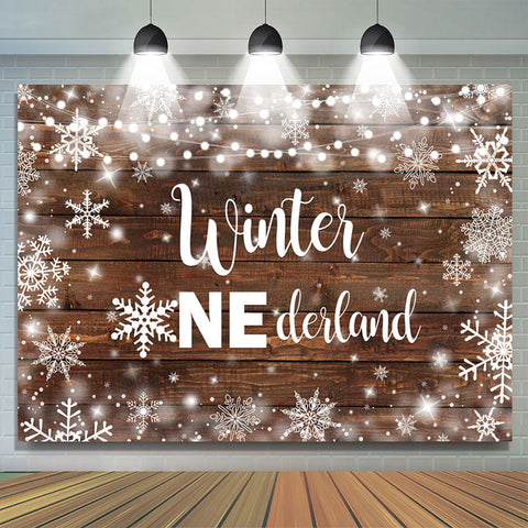 Toile de fond d'anniversaire en bois d'hiver Onederland Snowflake