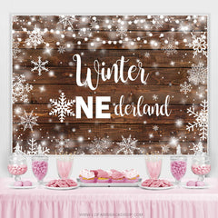 Toile de fond d'anniversaire en bois d'hiver Onederland Snowflake