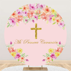 Toile de fond ronde joyeux anniversaire fleurs jaunes et violettes